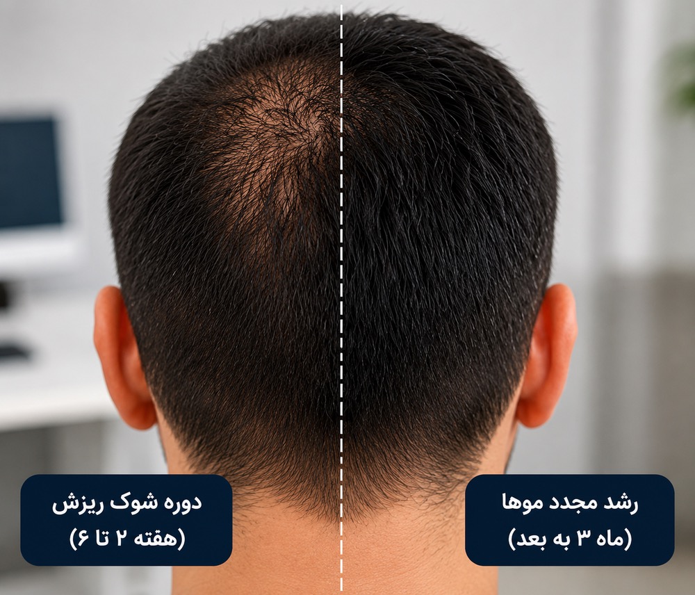 مقایسه دوره شوک ریزش با رشد مجدد موها پس از کاشت مو
